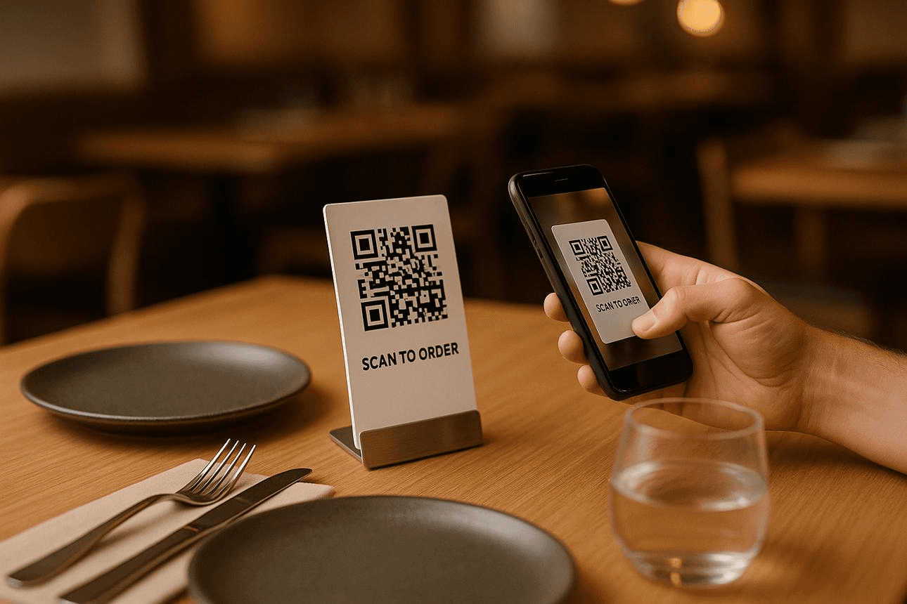 Guest scanning a TrayTap QR code at a restaurant table