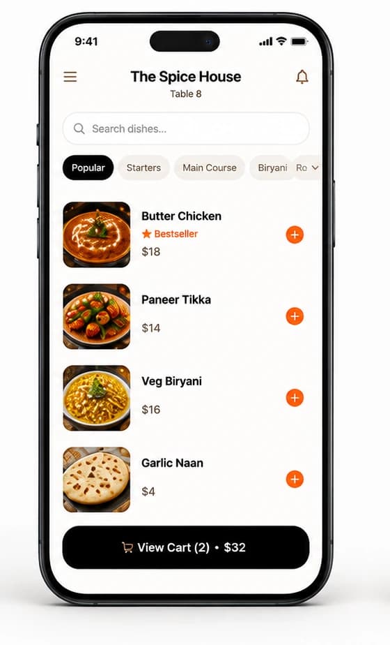 TrayTap restaurant menu with dishes and cart